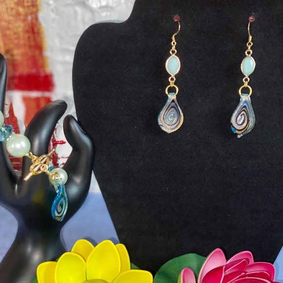 Unique Aquamarine stone dangle earring & Bracelet set - Blown glass dangle - - Picture 1 of 5